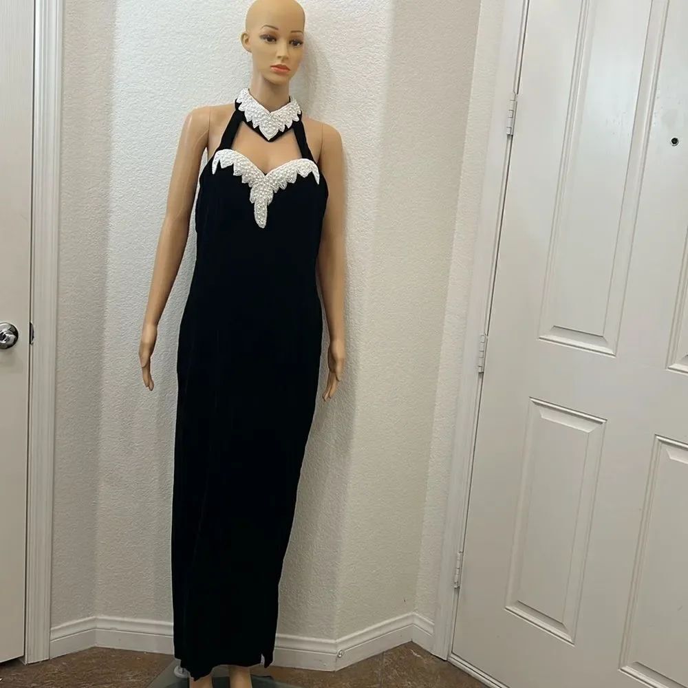 Dave & Johnny Womans Dress Sz 14 Vintage Black Velvet Beaded Pearl Slit Front
